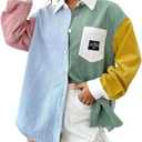OYOANGLE Women's Corduroy Button Down Shirts Boyfriend Long Sleeve Drop Shoulder Colorblock Letter Patched Blouses Coats, X-Small, Green
