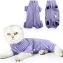 LIANZIMAU Cat Surgical Recovery Suit Professional for Male Female Dog Abdominal Wounds Cone E-Collar Alternative Anti-Licking Pet Surgical Recovery Pajama Suit Soft Fabric Onesie for Cats, M (Pack of 1), Violet Striped