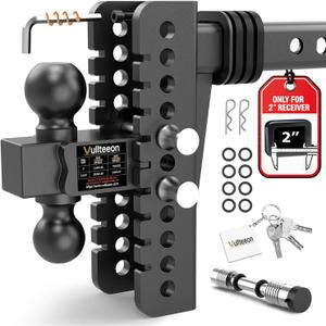 Vullteeon Adjustable Trailer Hitch, 8in Drop Hitch (for 2 Inch Receivers) | Heavy Duty Alloy Steel Truck Hitch, Dual Ball Mount (2” & 2-5/16”), 20000 lbs GTW Tow Hitches, Slot-fit Design