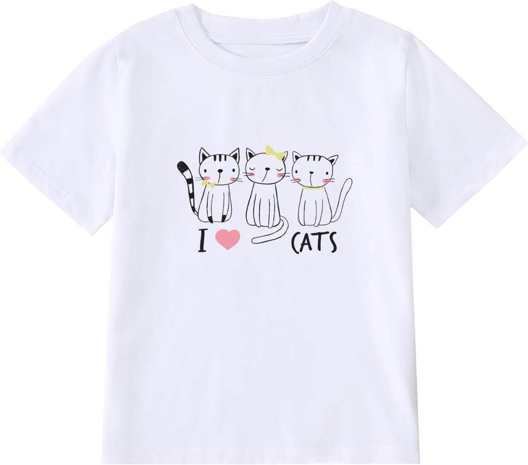 Girl's Cute Cat Graphic T-Shirts Funny Animal Lover Tee (White) 8Y