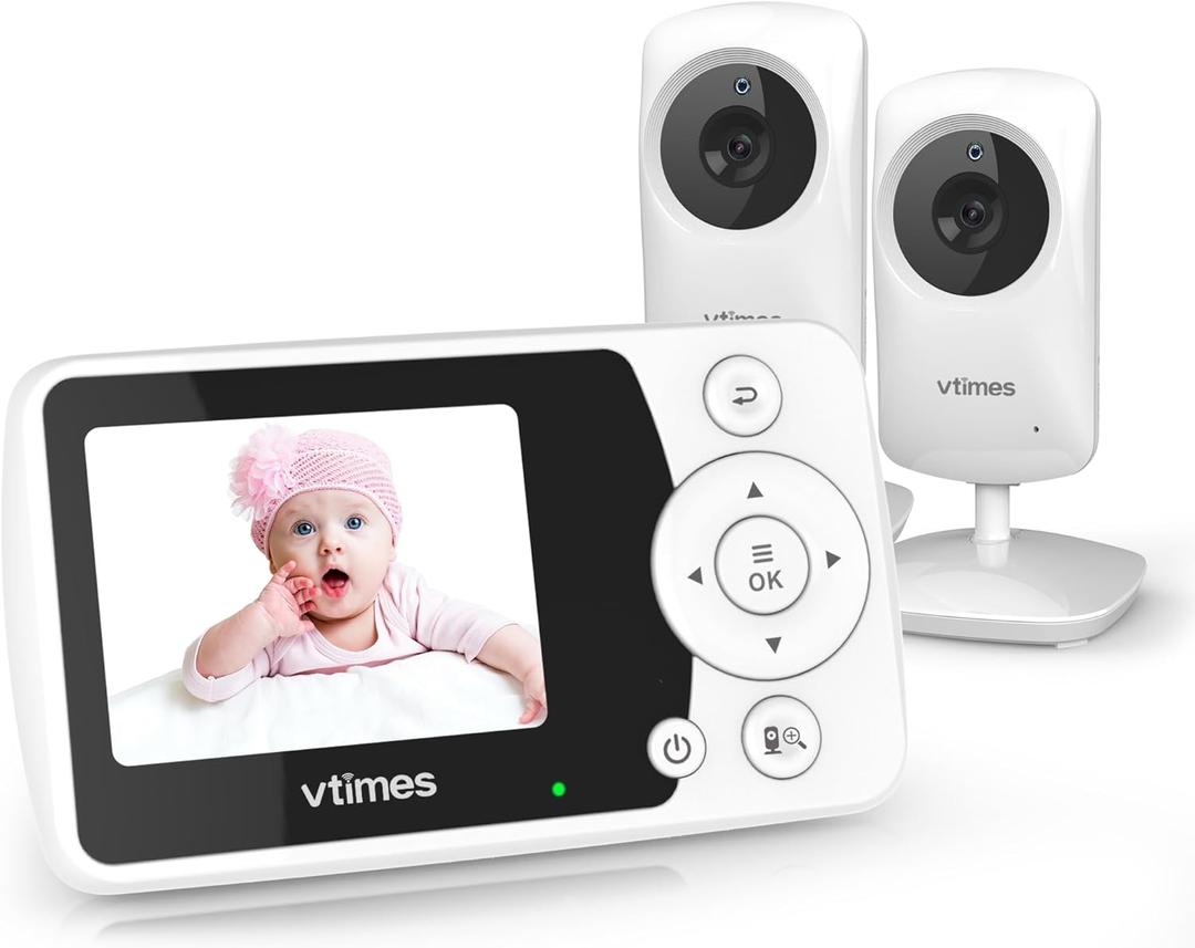 Baby Monitor with 2 Cameras, Video Baby Monitor No WiFi Night Vision, 2.4" LCD Screen Portable Baby Camera VOX Mode Alarm and 1000ft Range, Peace of Mind for New Parents