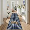 Beeiva Striped Blue Runners for Hallways, 2.5x8 Washable Bathroom Runner with Rubber Backed, Non Slip Soft Low Pile Indoor Floor Carpet for Kitchen Bedroom Porch High Traffic Areas