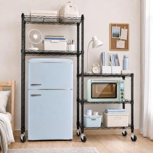 Threehoney Mini Fridge Shelf Stand with Metal Storage 3 Shelf Add on Standard for Dorm Microwave Stand Over Mini Fridge Storage Adjustable Height Organizer for College Rooms Kitchen(Black)