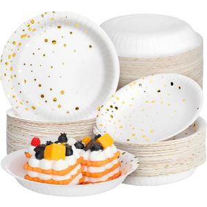 60 Pack White and Gold Paper Bowls 7 Inch Disposable Gold Dot Paper Bowls for Party Birthday Supplies Round Snack Dessert Salad Disposable Tableware for Wedding, Engagement, Baby Shower