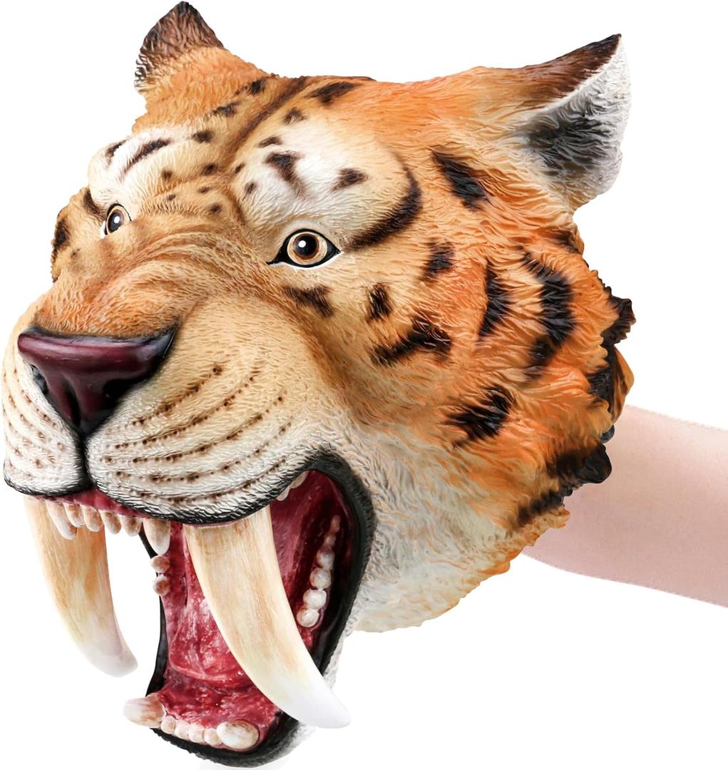 Gemini&Genius Saber-Toothed Tiger Hand Puppet, Saber-Toothed Wild Animal Puppets Toys, Soft Rubber- Realistic Action Figure Toys- Role Play, Storytelling and Play Games for Kids-Yellow