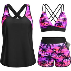 Daci Pink Palm Women 3 Piece Tankini Swimsuits - Tummy Control Tank Top with Bra Modest Bathing Suit with Pockets Boyshorts Bottom 2026 XXL
