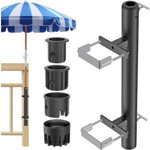 BeneLabel Patio Umbrella Holder for Deck Railing No Drill Deck Umbrella Clamp Mount Fits 1"-2" Umbrella Poles Space Saving Design Umbrella Holder for Deck Balcony Garden Poolside Railing