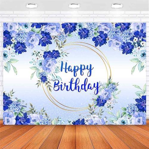 Ayayiya Blue Floral Birthday Backdrop Royal Blue Flower Gold Loops Happy Birthday Photography Background Women Girls Birthday Party Decorations Banner for Cake Table Supplies 7x5ft