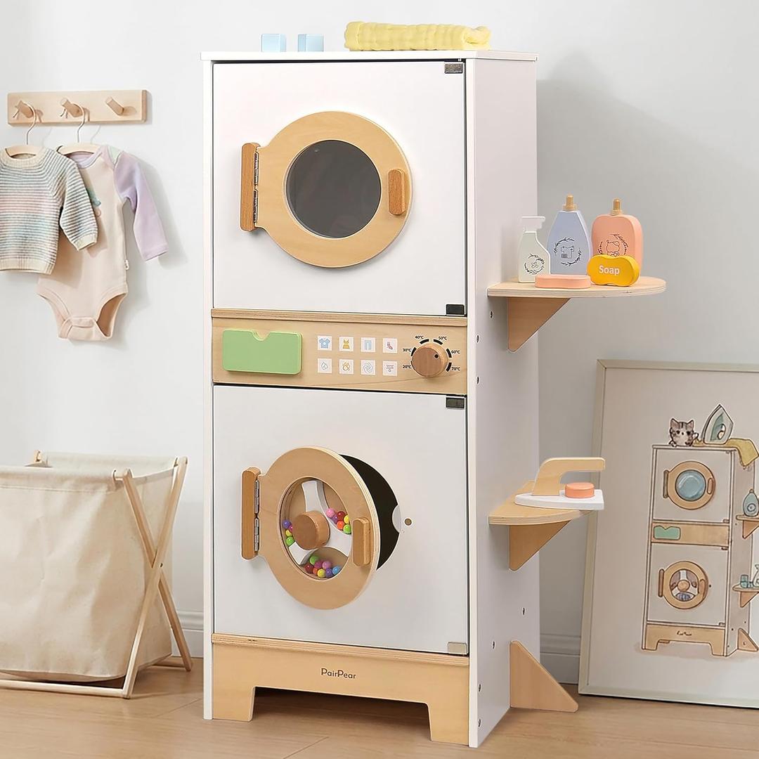 Wooden Washing Machine Playset，Kids Washer and Dryer Laundry Set, child-size
