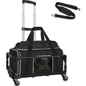 Petskd Top-Expandable Small Pet Carrier with Wheels(18" L x 13" W x 9.5" H), Southwest Airlines Approved, Rolling Pet Carrier for Small Dogs & Cats (Black)
