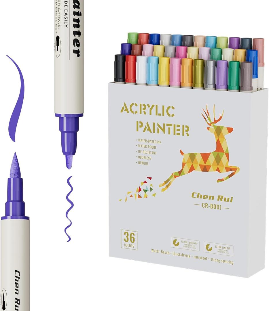 36 Colors Acrylic Paint Pens With Gold and Siliver Mettallic Color, Dual Tip Brush and Fine, Acrylic Markers for Rock Painting, Wood, Canvas, Fabric, Paper, DIY Crafts Making Art Supply