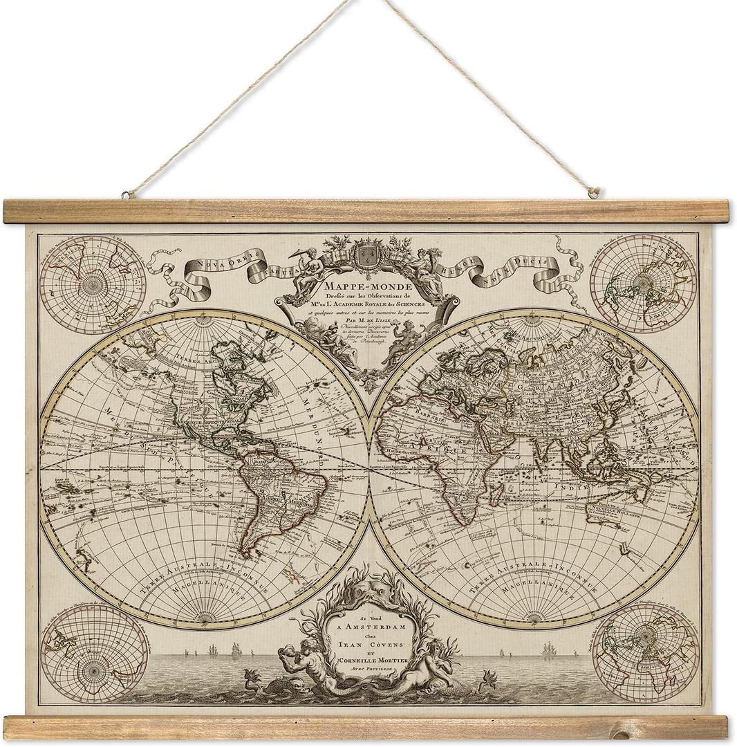 XIAOAIKA Vintage 17th Century World Map Print on Linen with Wooden Hanger, Retro Double Hemisphere Wall Decor for Home and Office, Amsterdam Edition, 39 x 29 Inches
