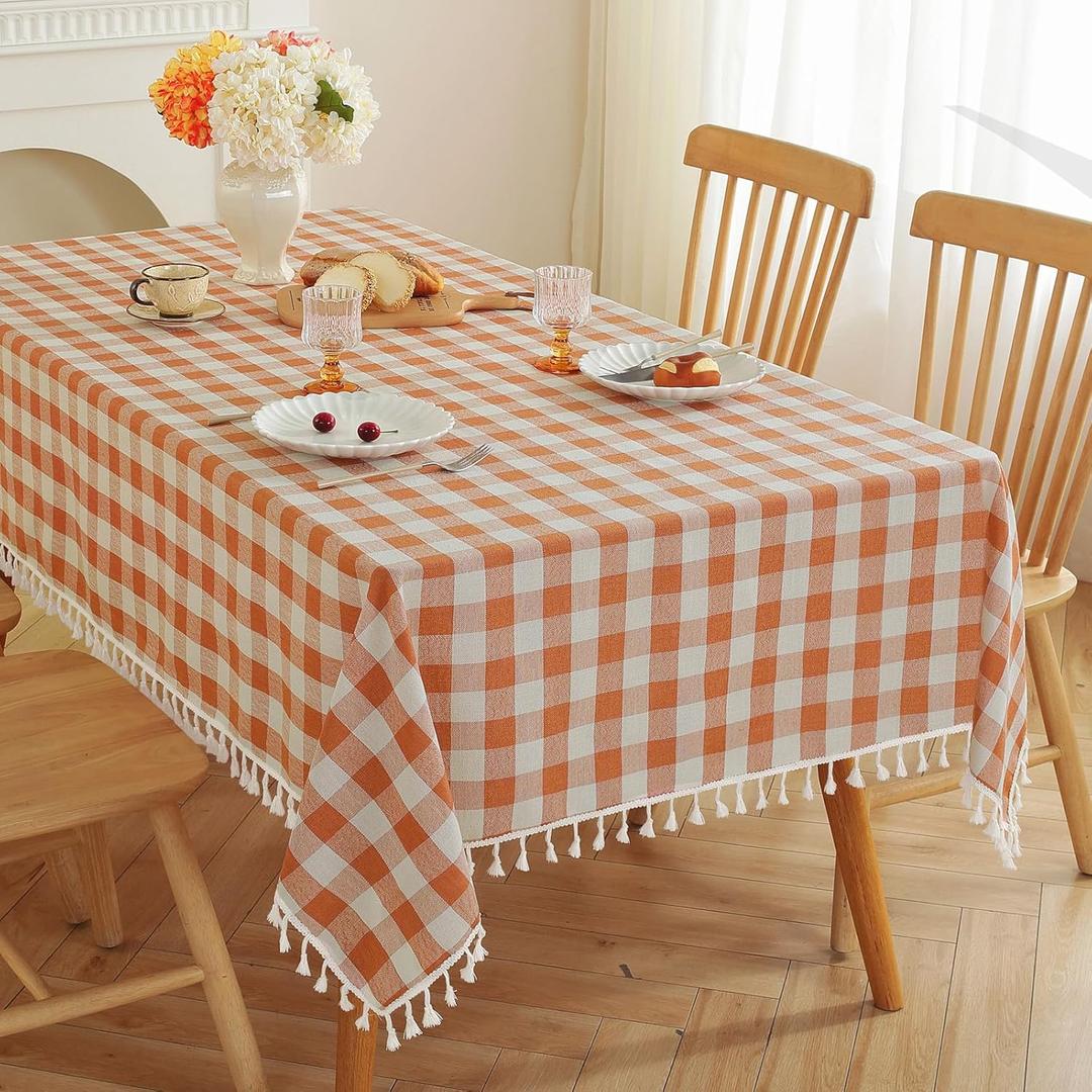 JIALE Fall Gingham Tablecloth Square Cotton Linen Fabric Checkered Table Cloth with Tassel Washable Wrinkle Free Buffalo Plaid Table Cover for Thanksgiving Picnic Home Decor, Orange, 55x55''