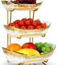 3 Tier Fruit Bowl for Kitchen Counter, Gold Trim Ceramic Fruit Stand Basket for Countertop, Fruit Rack with Thickened Metal Holder, Vegetable Bowl Dessert Nuts Bread Candy Storage (Gold Trim)