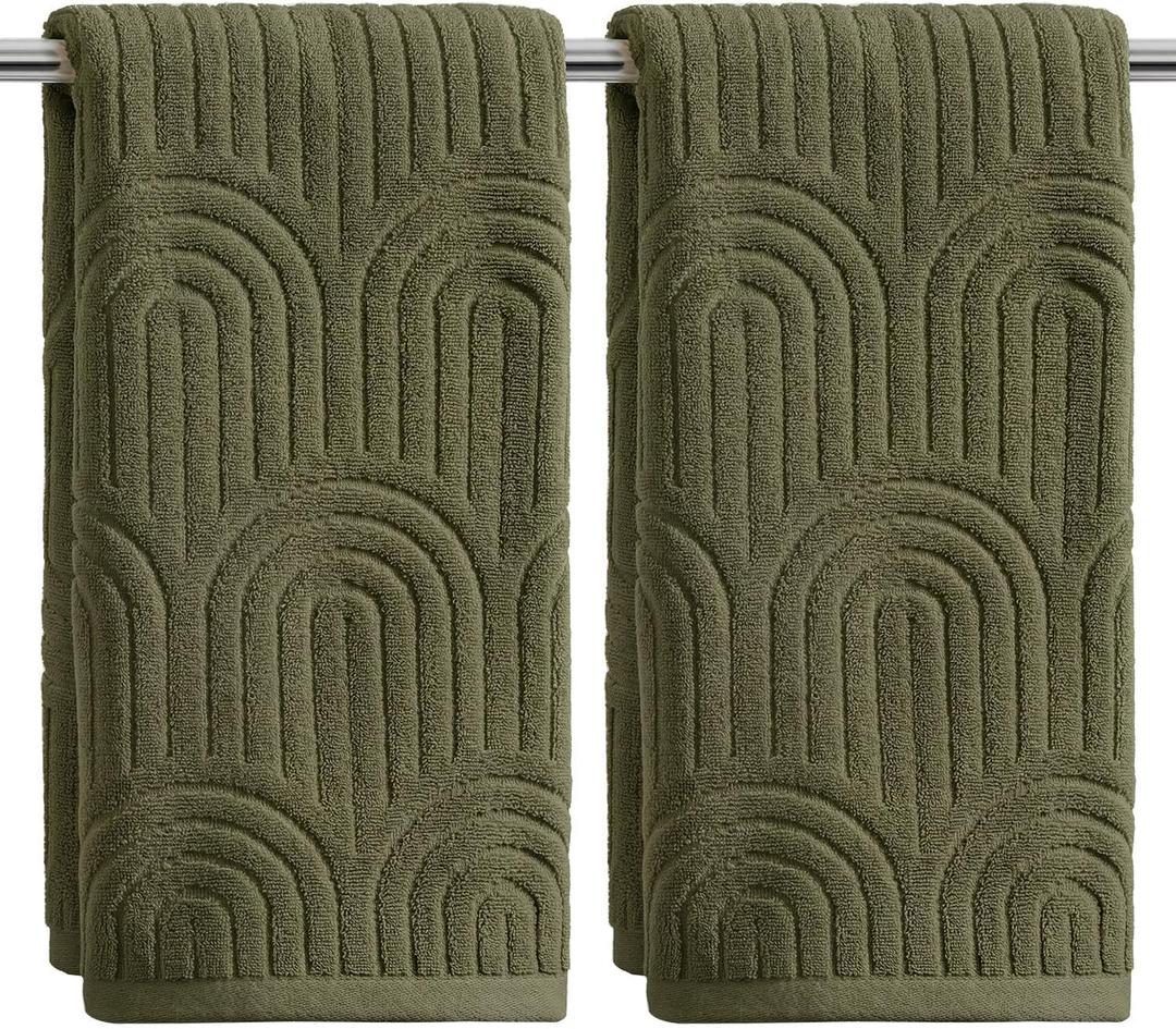 Artoid Mode 2 Pcs Olive Green 3D Arched Stripes Jacquard Hand Towels for Bathroom, 100% Cotton Soft Absorbent Bathroom Decor Towels, 13.7 x 29.5 Inch