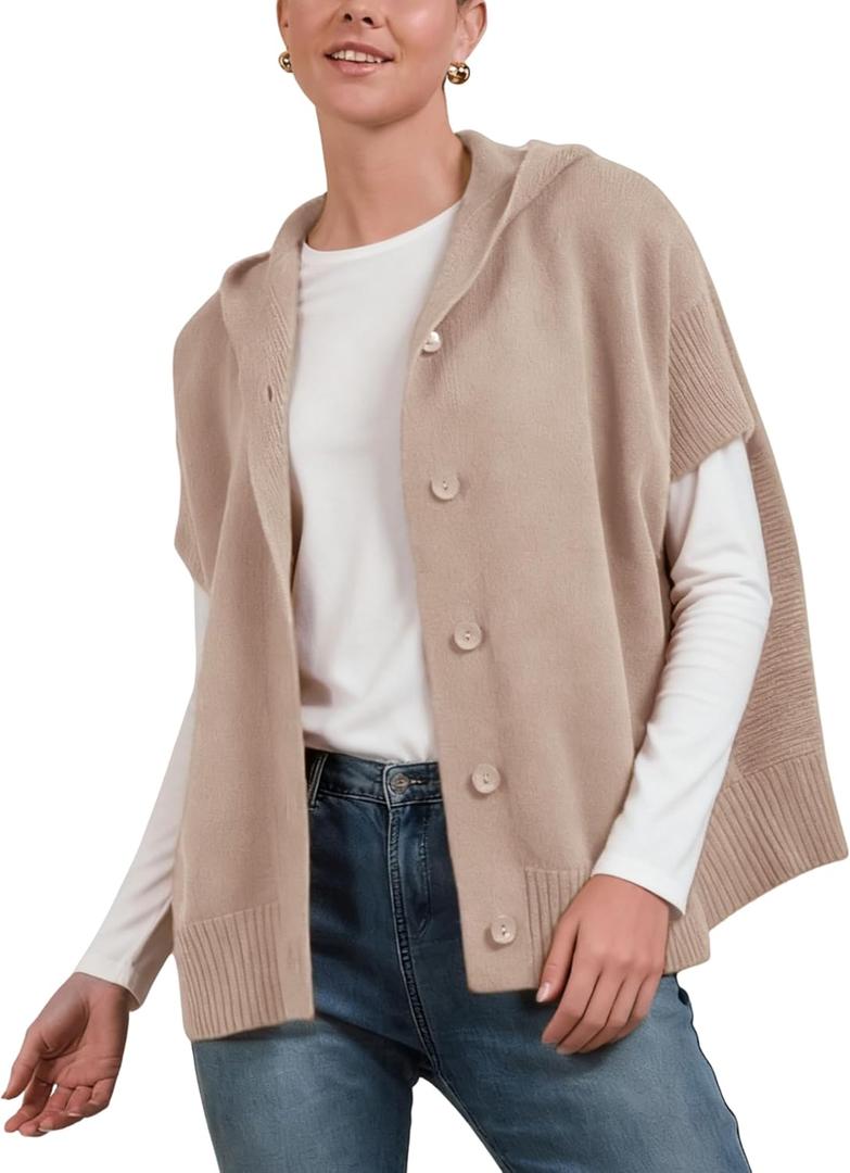 Xiaoxuemeng Womens Cardigan Sweaters Lightweight Knitted Hood Sweater Button Down Coat(Beige-S) (S)