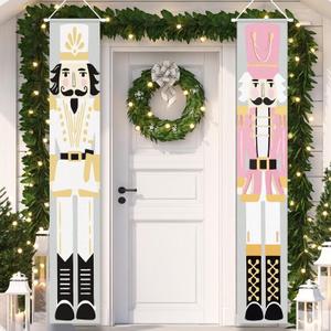 Whaline Christmas Porch Sign Nutcracker Hanging Door Banner Xmas Winter Welcome Front Door Banner Sign for Home Office Indoor Outdoor Holiday Party Supplies, 12 x 72 Inch
