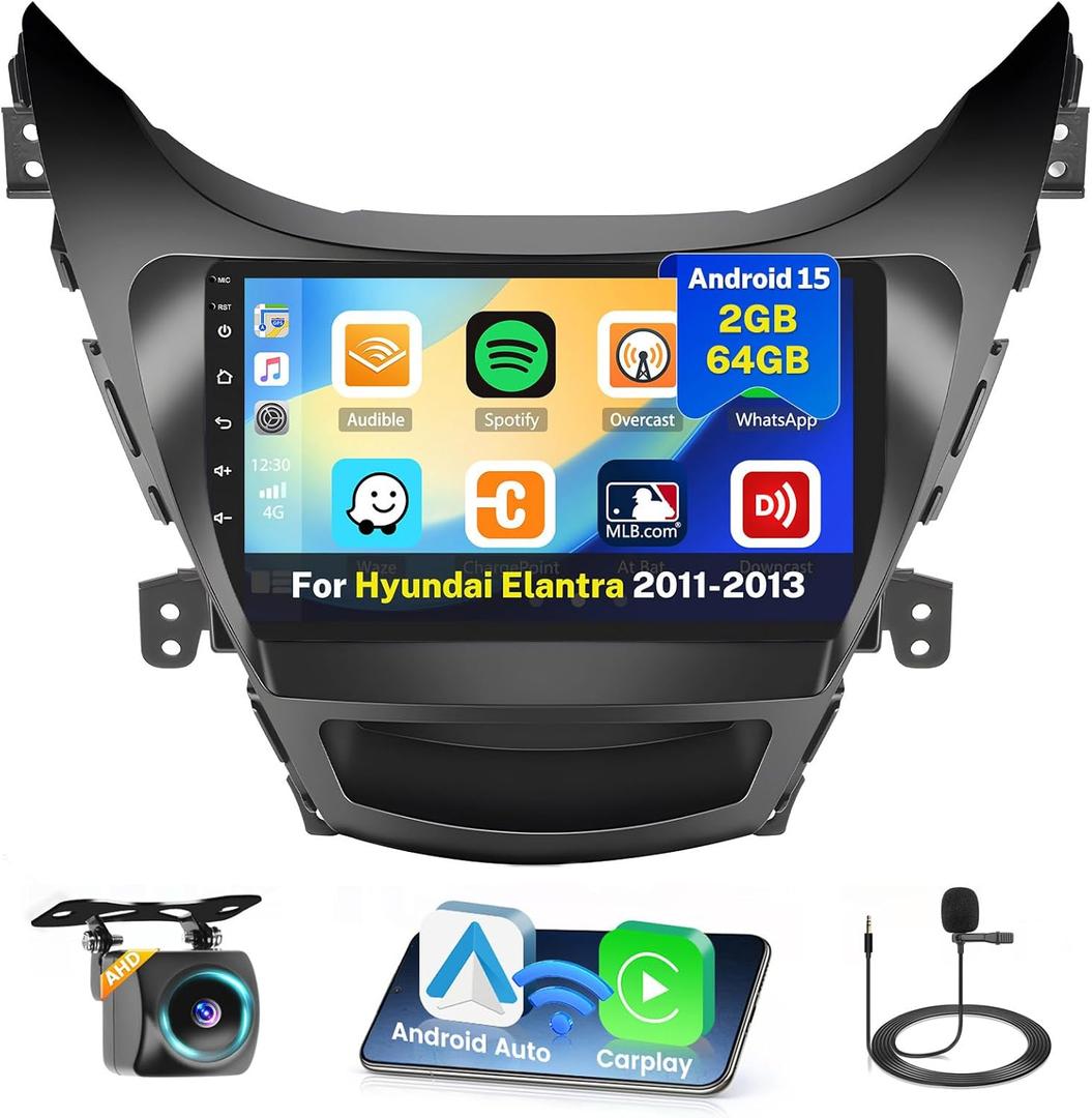 2+64G Radio for Hyundai Elantra 2011 2012 2013 Stereo CarPlay Android 15 Touch Screen 9" Headunit Android Auto Bluetooth GPS Hi-Fi Backup Camera