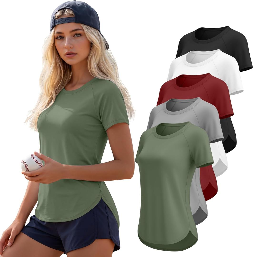 5 Pack Women's Workout Shirts Athletic Quick Dry Tops Exercise UPF 50+ Short Sleeve Gym Yoga Tees (Large, Black, White, Burgundy, Light Gray, Grayish Green)