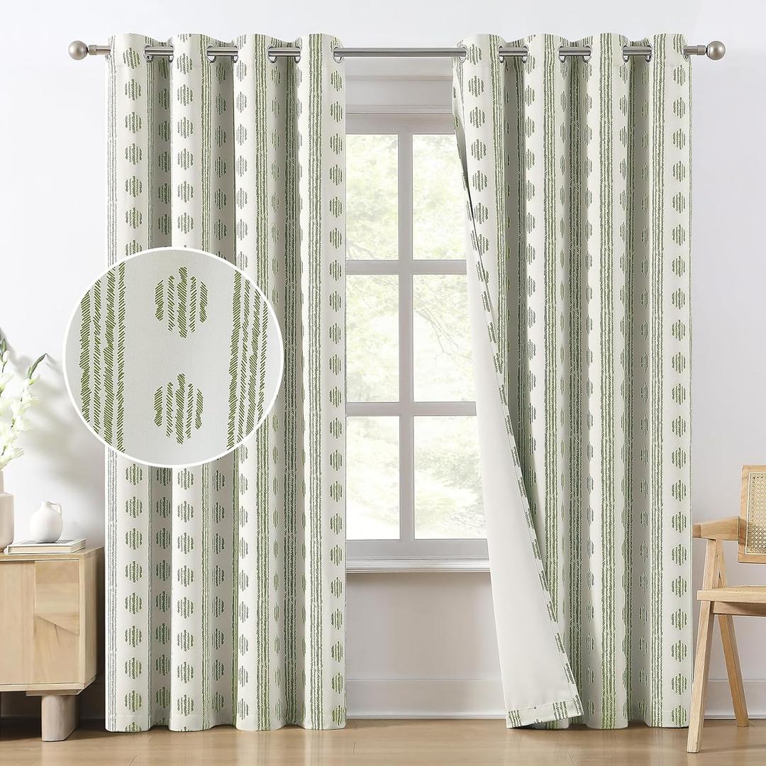 Melodieux Blackout Boho Curtains 96 Inches Long for Bedroom Sage Green on Beige Striped Pattern Cotton Bedroom Curtain Grommet Room Darkening Curtains for Living Room Thermal Insulated, 2 Panels