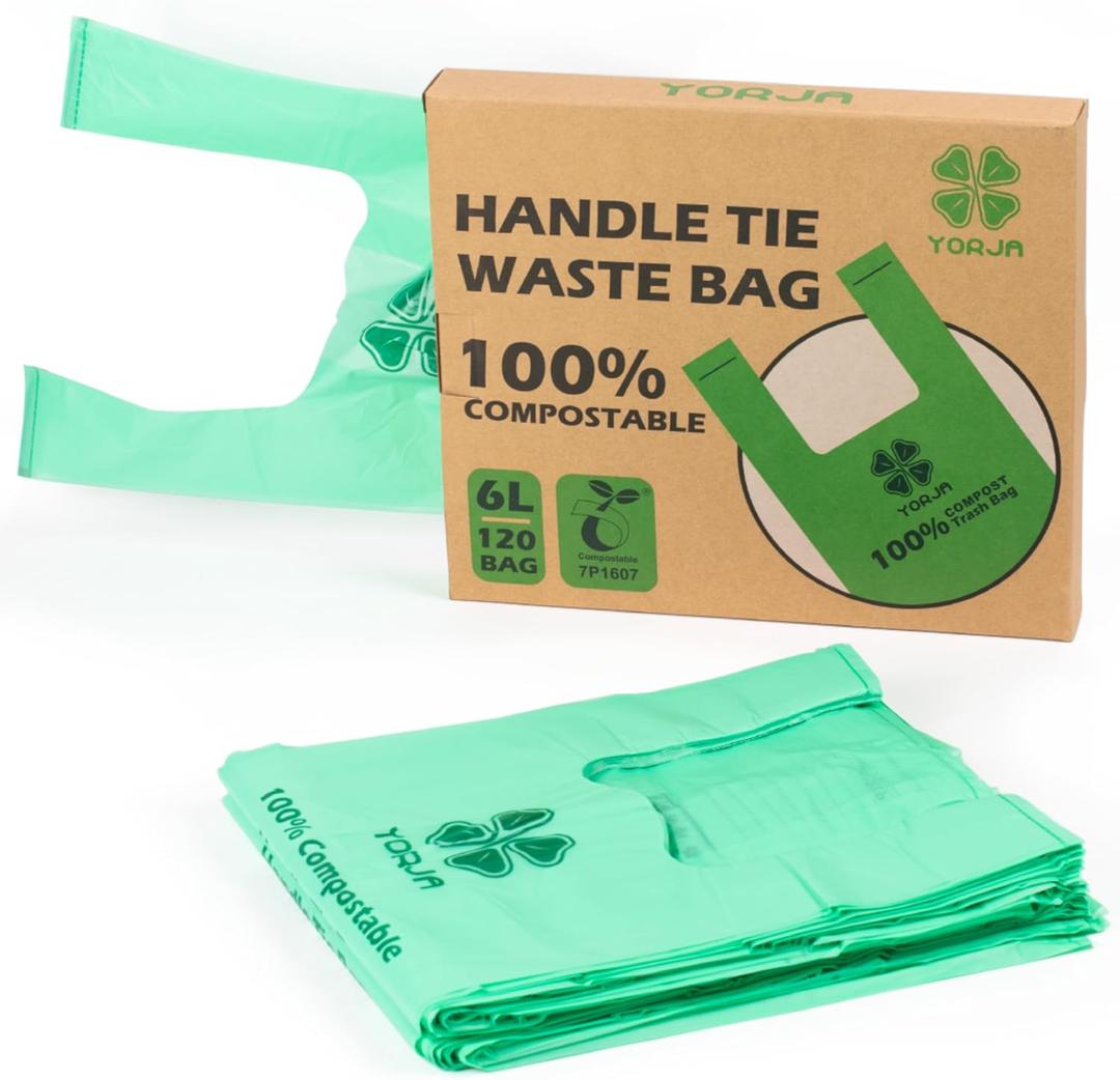 YORJA 1.6 Gallon Tie Handles Compost Trash Bags 120 Food Scrap Bags, Compostable Kitchen Waste Bags with Europe EN13432 & ASTM D6400 Certified