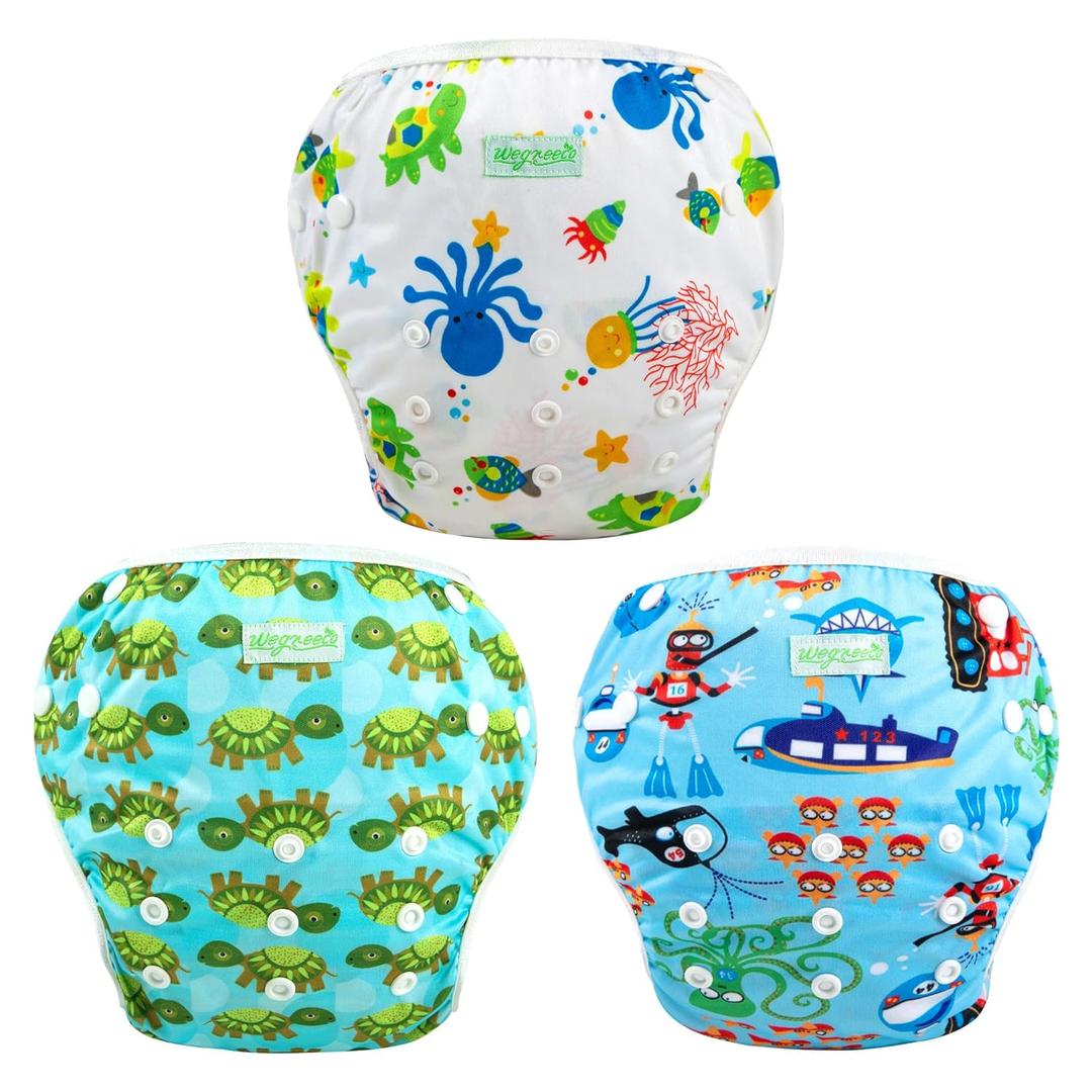Wegreeco Reusable Swim Diapers,Baby & Toddler Snap One Size Adjustable Reusable Baby Swim Diaper (Diving, Ocean, Turtle, Large, 3 Pack)
