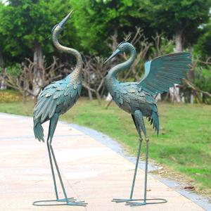 33-37 Inch Metal Crane Garden Statue Dcor, Bird Garden Sculpture & Statues, Outdoor Decoration for Yard Patio Lawn Backyard Pool, Vintage Spread Wings Crane, Set of 2 (Cyan)