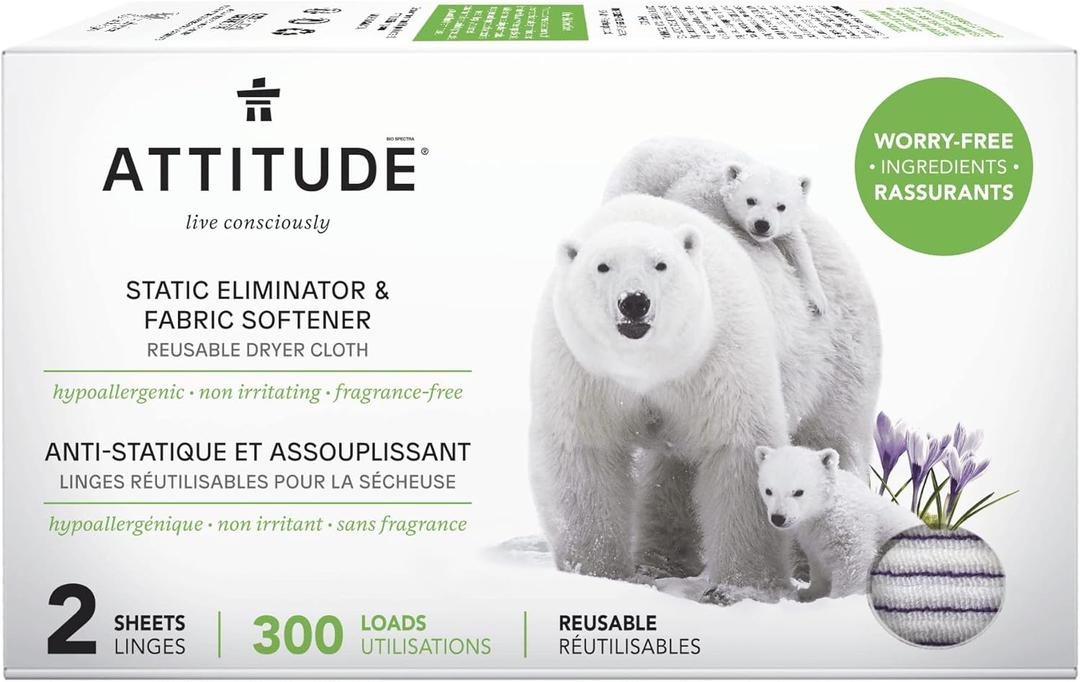 ATTITUDE Static Eliminator and Fabric Softener, Reusable Dryer Cloth, Hypoallergenic and Fragrance-Free, Vegan and Cruelty-Free Household Products, 300 Loads, 2 Sheets