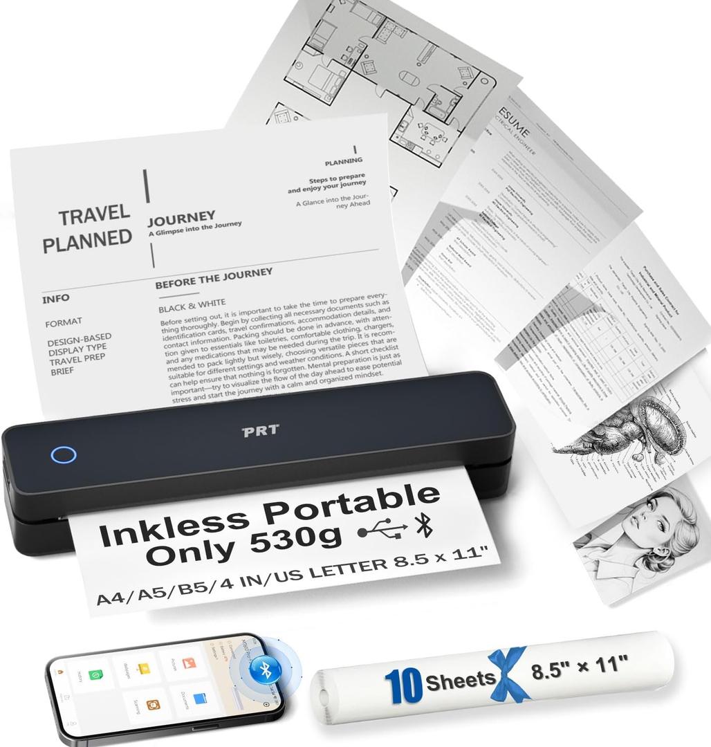 PRT Inkless Portable Printer for Travel, Wireless Thermal Printer Support 8.5 x 11 Inch US Letter A4 B5, Bluetooth Mobile Printers with iOS, Android, Laptop for Home Use, Car, Office, School, Black
