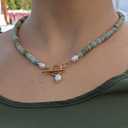 Amazonite Necklace, Colored Natural Stone Amazonite Beaded Necklace with Freshwater Pearl, 18 Inch Beaded Choker Summer Beach Jewelry for Women