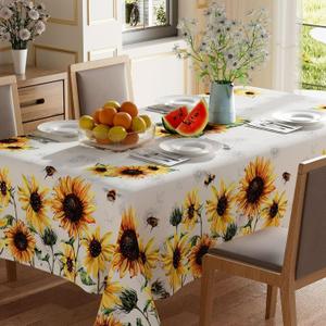 XCHI Watercolor Sunflower Leaves Bees Summer Tablecloth Rectangle Washable Table Covers for Indoor Outdoor Dining Home Party Decorations 60x84 Inch