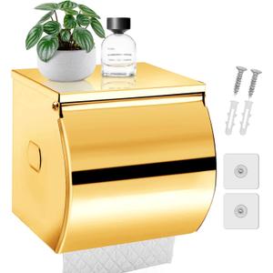 Toilet Paper Holder Wall Mount, Self Adhesive Toilet Paper Holder with Shelf, Waterproof Stainless Steel Bathroom Toilet Tissue Roll Holder Cat Dog Proof, Gold