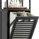 HITNET Tilt Out Laundry Hamper, Bamboo Bathroom Cabinet with Pull Out Removable Bag and 2 Tier Storage Shelves, 10 Gal Clothes Basket with Metal Handle, Black