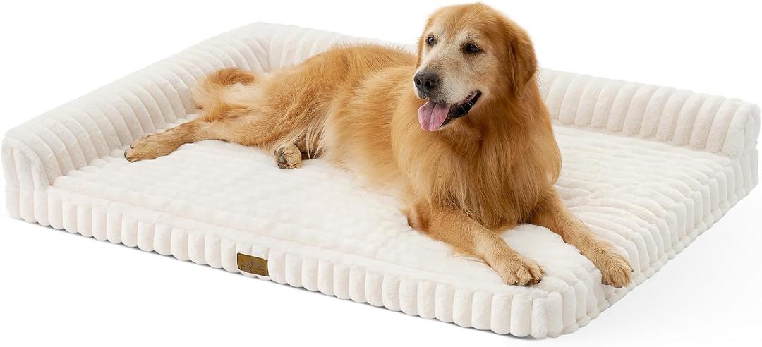COZY KISS Faux Rabbit Fur Extra Large Dog Bed 48"x35" Orthopedic Foam Couch with Sides, Removable Washable Cover & Waterproof Lining, Cream
