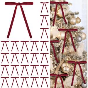 24 Pcs Red Velvet Christmas Ornaments, Rustic Velvet Bows for Christmas Tree, 5x7 Inch Pre-Tied Vintage Xmas Bows for Wreaths, Gifts and Holiday Home Dcor, Ribbon Bows for Garland (3/8")