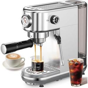 Espresso Machine with Milk Frother, 20 Bar High Pressure Professional Espresso Maker Automatic, Compact Stainless Steel Coffee Machine for Cappuccino, Latte, Gift for Coffee Lover, Dad or Mom, Silver
