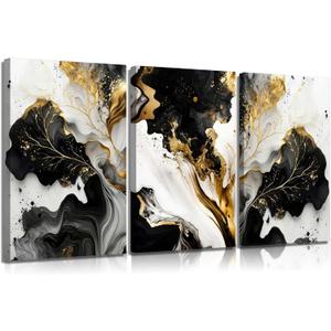 3Pcs Abstract Marble Canvas Wall Art Picture Black White Gold Texture Poster Print Modern Painting Wall Decor for Bedroom Living Room Office 12x16in Framed