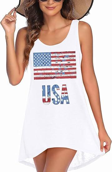 4th of July Dresses for Women USA Sleeveless T Shirt Dress Independence Day American Flag Sundress M