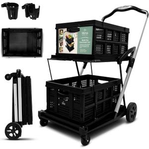 Inspired Living Multi-Use Functional Collapsible Utility Cart, 2-Tier Trolley with 2 Storage Crates for Shopping Office Heavy Duty Lifting, Cup and Phone Holder, Foldable & Portable, Holds 200LBs