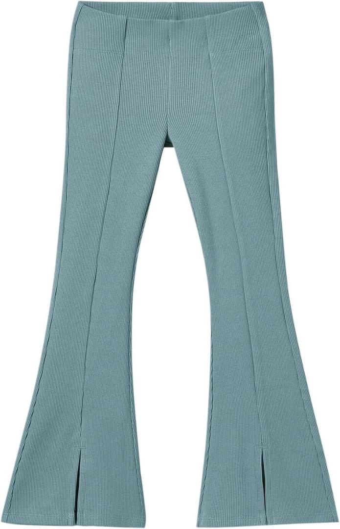 Haloumoning Girls Kids Elastic Waist Ribbed Flare Split Bottom Pants Stretch Casual Long Pants(5-14Y) (Blue)