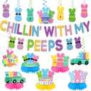 Easter Party Decorations, Glitter Chillin with My Peeps Banner Swirls, Peeps Decorations Honeycomb Centerpieces, Colorful Bunny Easter Banner for Classroom Office Home Spring Easter Party Supplies