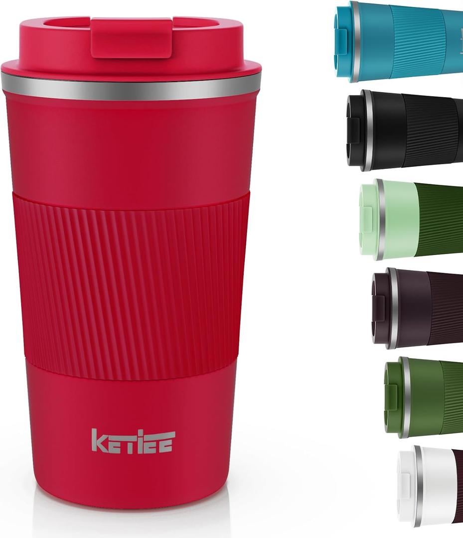 KETIEE Travel Coffee Mug Spill Proof 12oz, Insulated Travel Mug to Go, Reusable Coffee Cup with Seal Lid, Vacuum Stainless Steel Tumbler for Hot/Cold Drinks (Red) (G1-Christmas Red)