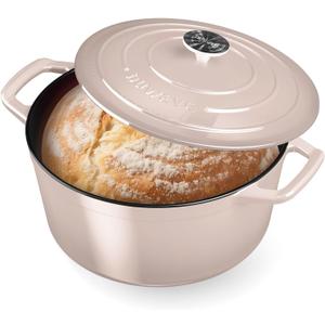 Nuwave 6QT Healthy Enameled Cast Iron Dutch Oven Pot with Lid, Heavy Duty 7-Layer Enamel, Enhanced Rust Protection, Dual Handles, Oven Safe to 500F for Sourdough Bread Baking, Braise, Stew, Roast (Chiffon)