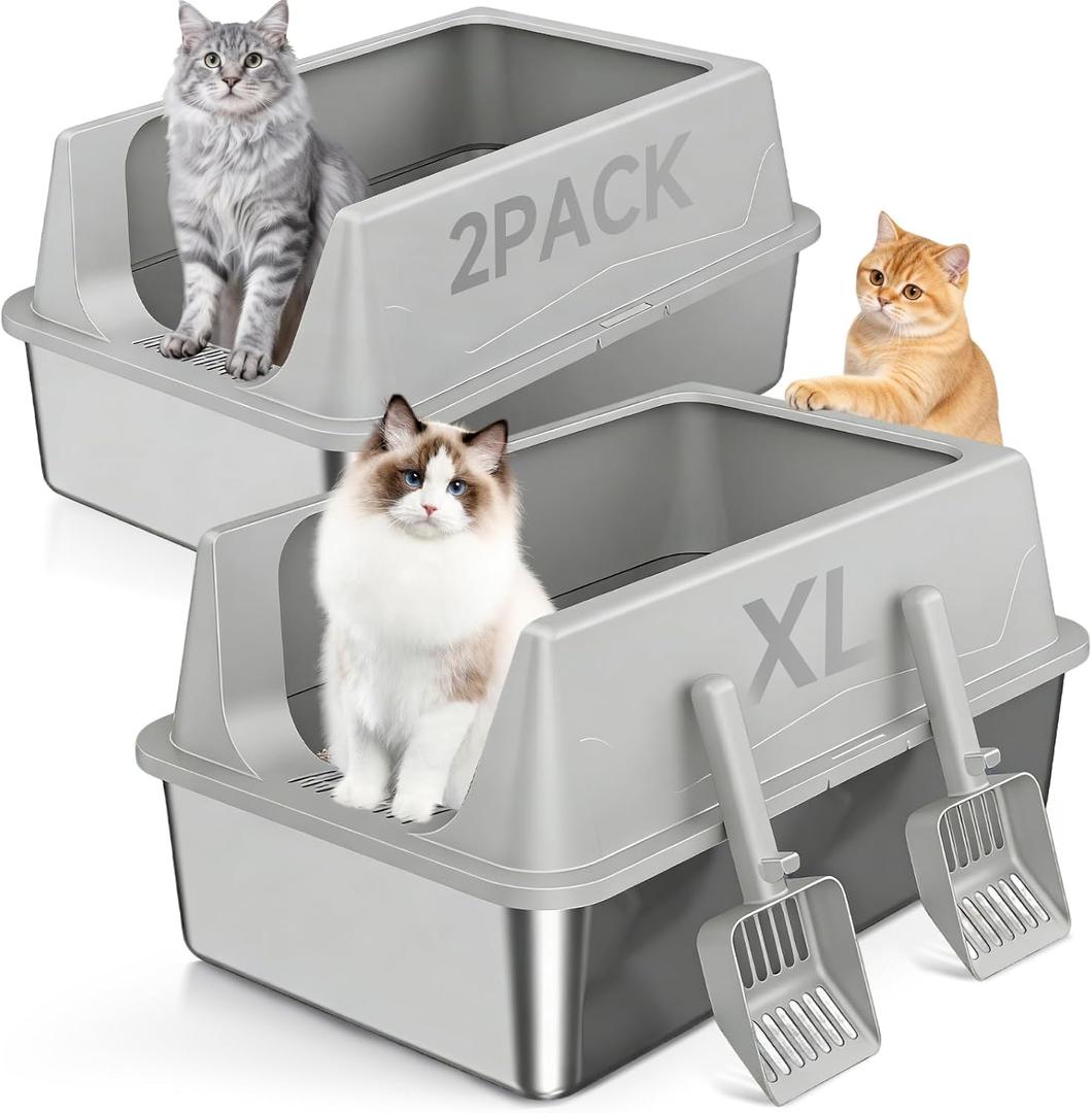 2 Pack XL Stainless Steel Litter Box with High Sides Shield for Multi Cat, Extra Large Tall Wall Open Top Deep Metal Pan for Big Cats, Anti-Leak Non-Stick Odor Control, 2 Scoops Included, Gray