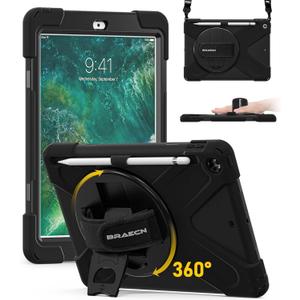 BRAECN Case for iPad 6th/5th Generation 9.7 inch 2018/2017, Rugged Heavy Duty Shockproof Cover for iPad 6th/5th Gen, 360 Rotating Kickstand & Soft Hand Strap & Shoulder Strap, Black