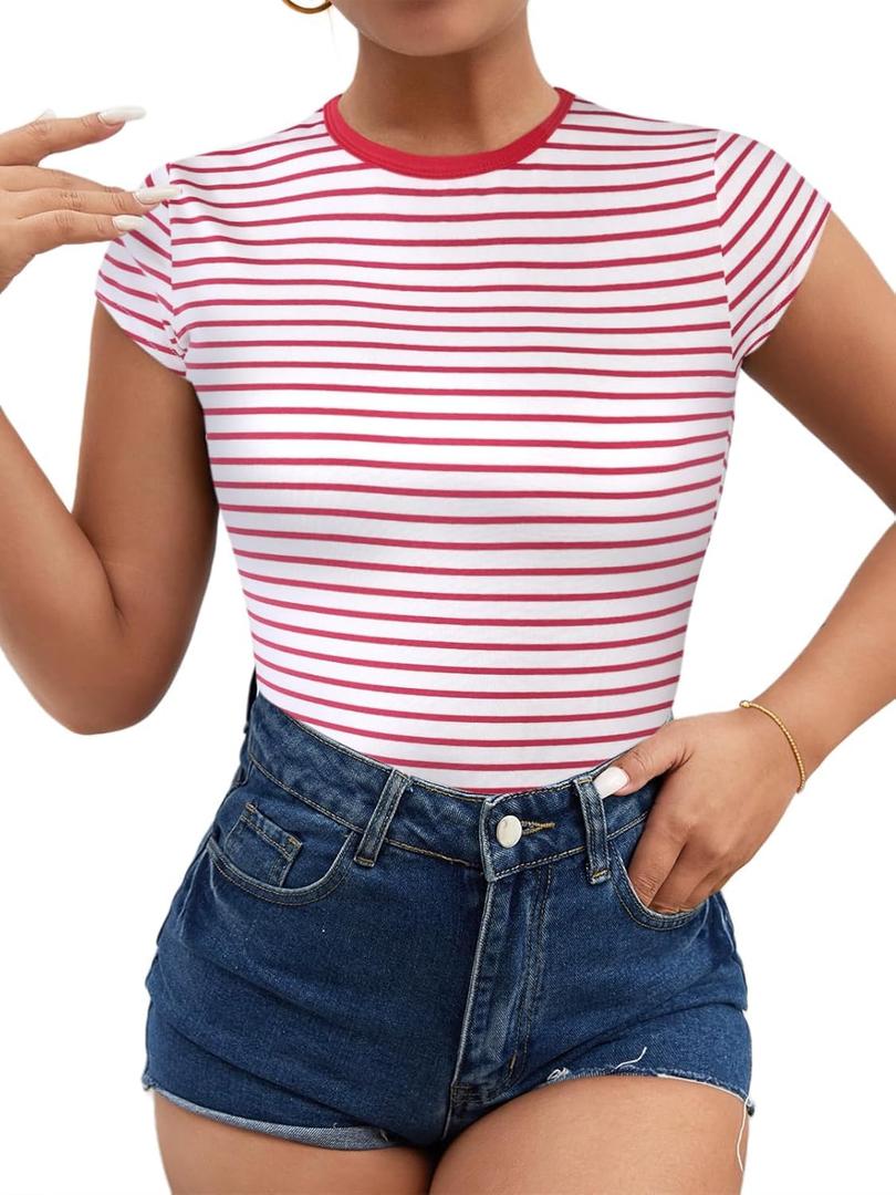LilyCoco Womens Striped Shirt Cap Sleeve Crewneck T Shirt Color Block Fitted Top Red and White Small Red, Small