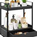 2-Tier Bathroom Organizer Countertop with Drawer, Wood Counter Shelf for Storage, Vanity Tray for Organization and Decor, Countertop Organizer for Bathroom, Kitchen, Office (Black)