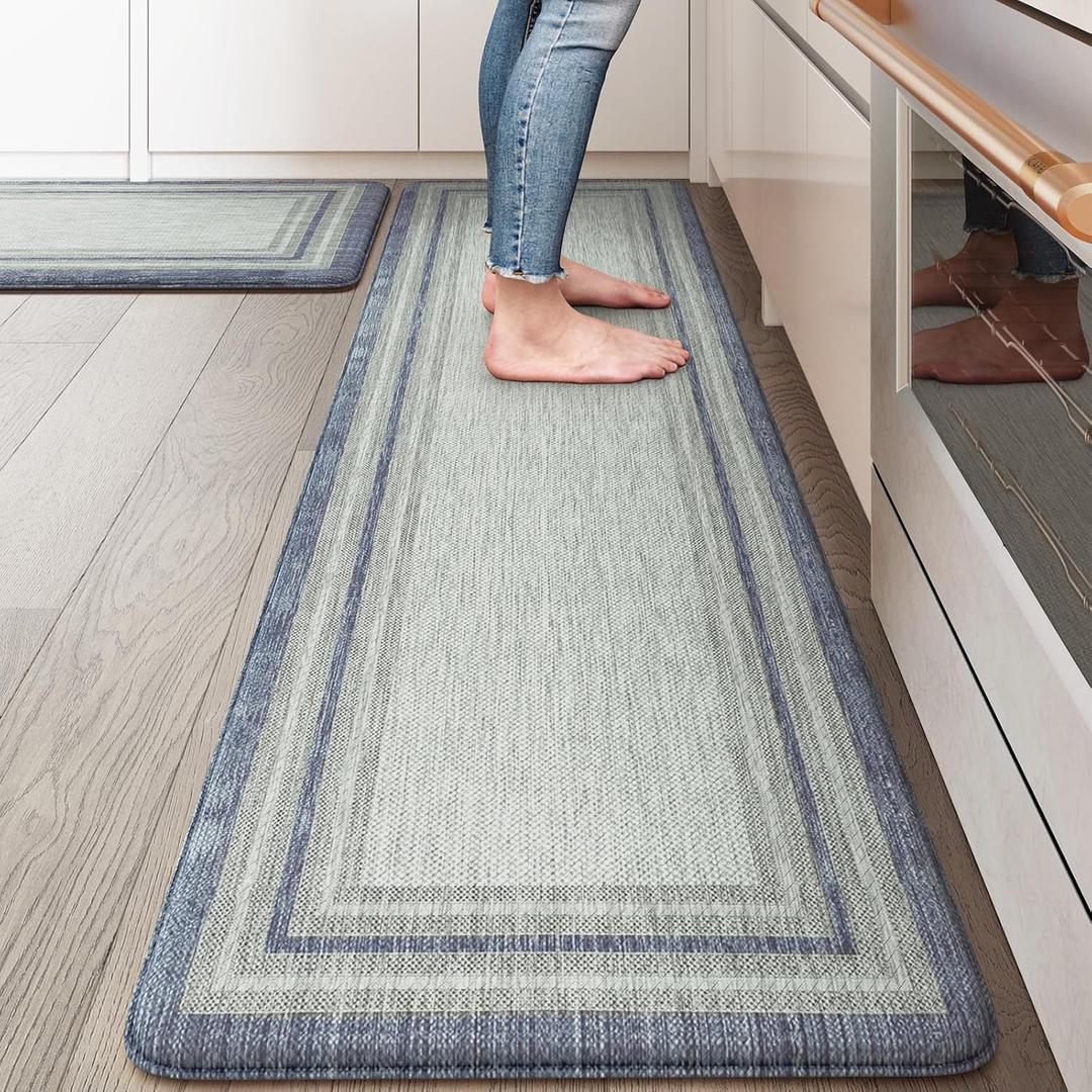 KIMODE Anti Fatigue Kitchen Mat 2PCS,Non-Skid Waterproof Kitchen Rugs, Farmhouse Kitchen Mat for Floor, Cushioned Comfort Foam Standing Mat for Floor, Office, Sink, Desk, Laundry, Blue and Gray (17.3" x 59 "+ 17.3" x 29 "--0.47 inches)