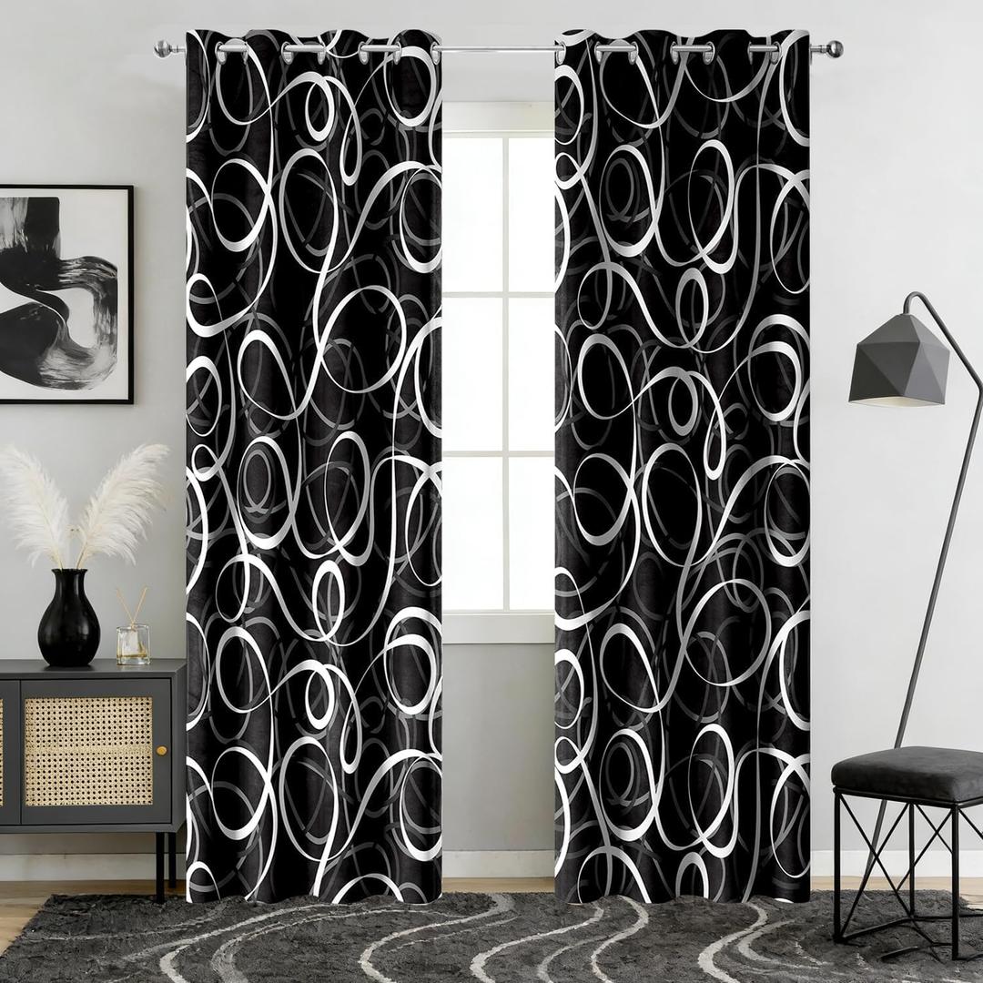 Black White Geometric Blackout Curtains, Modern Abstract Grey Black Out Window Drapes for Bedroom Living Room Grommet Thermal Insulated Room Darkening Decor, 2 Panels 52x96 Inches