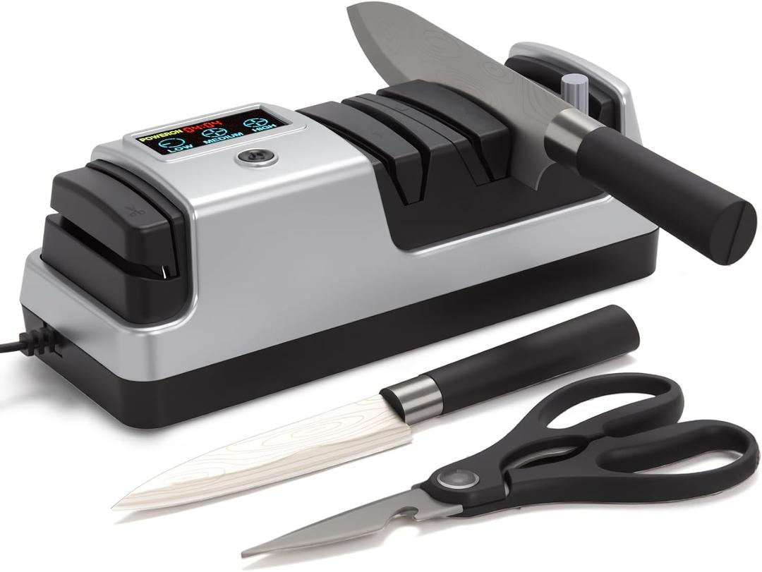 Silver Professional 3-Stage Electric Knife Sharpener for Kitchen Knives, LCD Screen, 100% Diamond Abrasive, Adjustable Rotational Speed, Precision Angle Guides for All Kitchen Knives